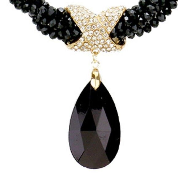 Twisted Beaded Black Crystal Teardrop Necklace Set - Picture 3 of 9